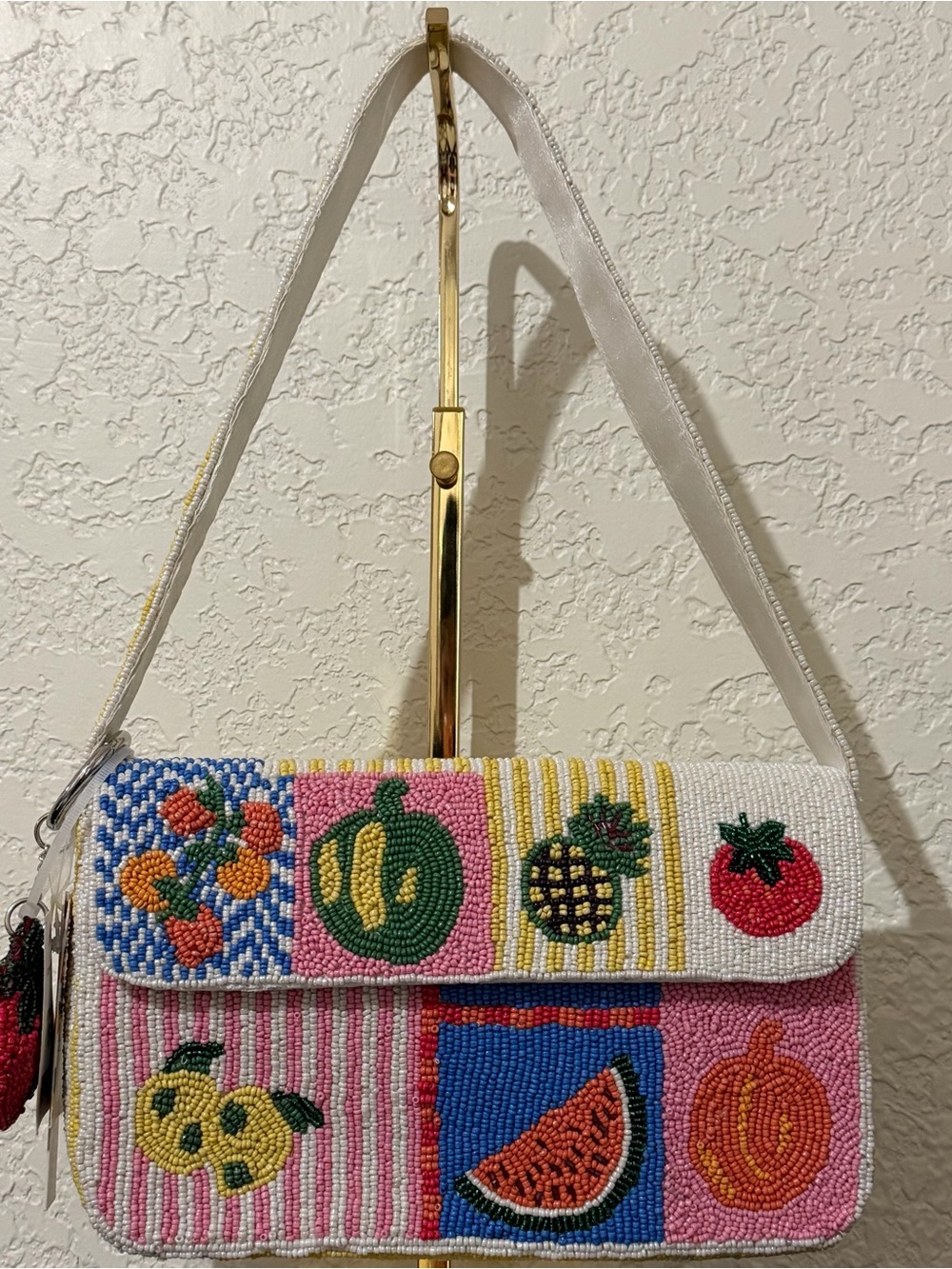 India Boutique White Multicolor Beaded Fruit Patchwork Shoulder Bag - Picture 2 of 4